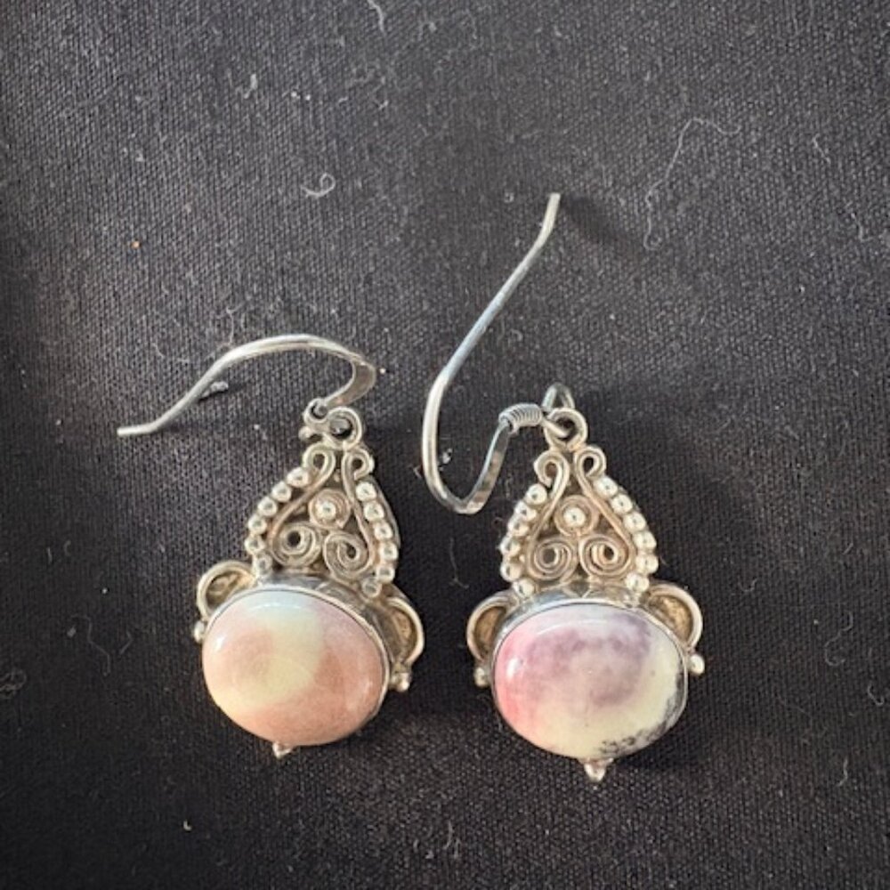 Vintage Intricate Sterling Silver Scroll French Hook Oval Jasper Dangle Earrings